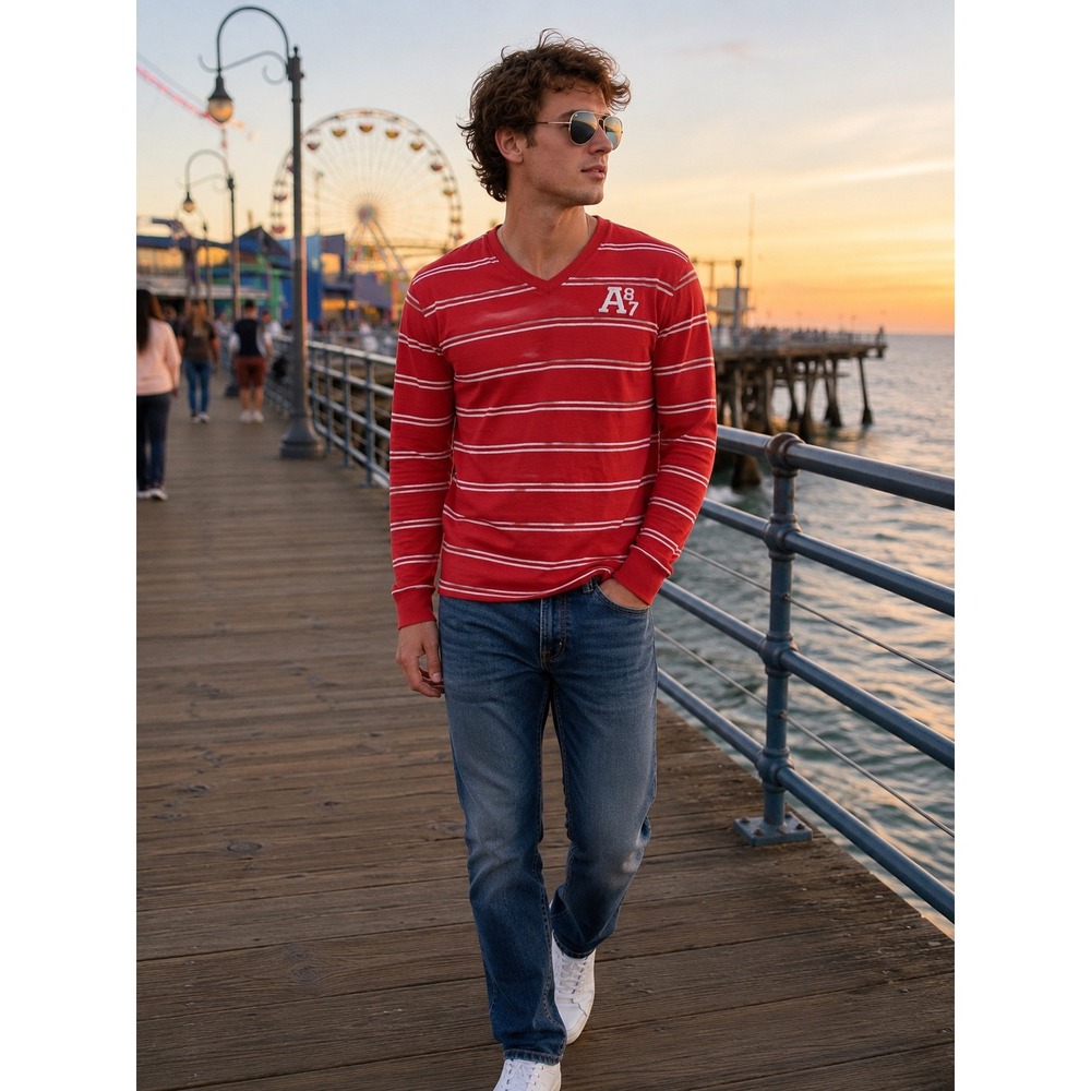Aeropostale A87‎ Long Sleeve V Neck Shirt Mens XL Red White Stripe Logo Cotton